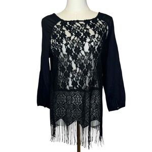 Free People Blouse Women XS Floral Patterned Lace Fringe Witchy Bohemian Western